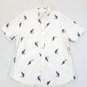 Old Navy Camp Button Down Shirt Parrot Print Tropical Men XL White Short Sleeve